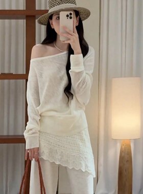 2026夏季新款女韩系穿搭露肩长袖薄款上衣高腰显瘦两件套阔腿长裤