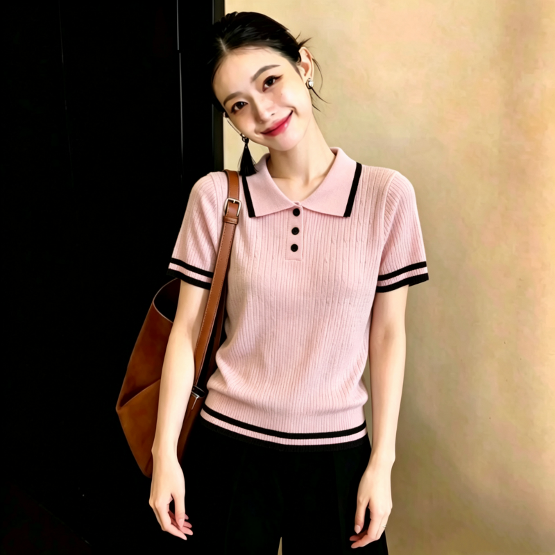 韩系温柔风粉色polo领短袖针织衫女夏季新款独特漂亮修身百搭上衣