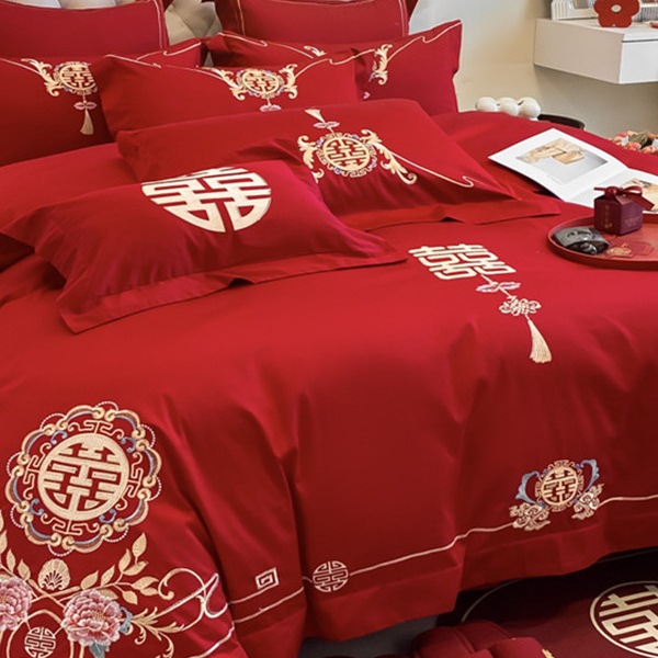 中式结婚四件套大红色婚庆纯棉被套婚房喜被新婚陪嫁床上用品