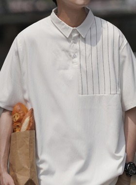 Tim Peake短袖polo衫男冰丝条纹拼接衣服翻领白色男t恤