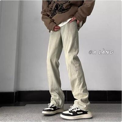 Tim Peake高街炸街黄泥染牛仔裤男线条设计感修身直筒微喇裤3059