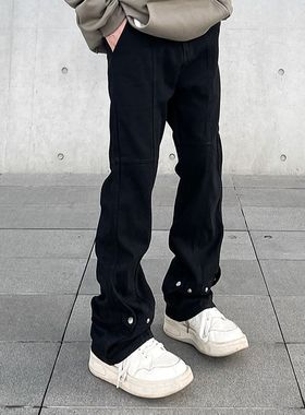 Tim Peake高街vibe黑色排扣牛仔裤男ins宽松直筒堆积感微喇裤6062