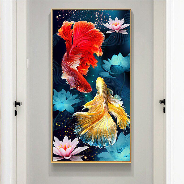 轻奢双锦鲤戏水5D钻石画新款客餐厅竖版十字绣玄关金鱼贴砖锈