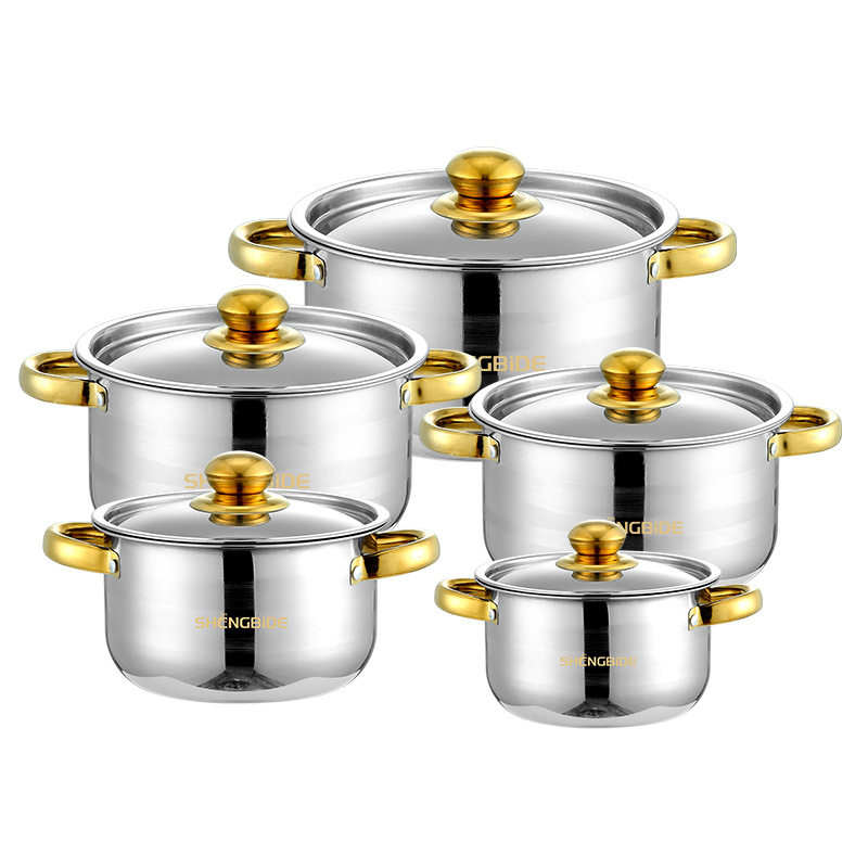 跨境货源不锈钢汤锅套装镀金色双耳汤锅具 十件套套组炊具套装pot