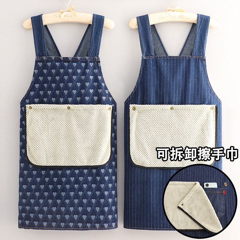 牛仔布围裙厨房家用可拆卸擦手巾高级感年轻款围腰防污耐磨工作服