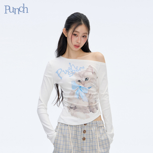 PUNCH25AW 早秋油畫貓咪彈力斜肩T顯瘦長(zhǎng)袖