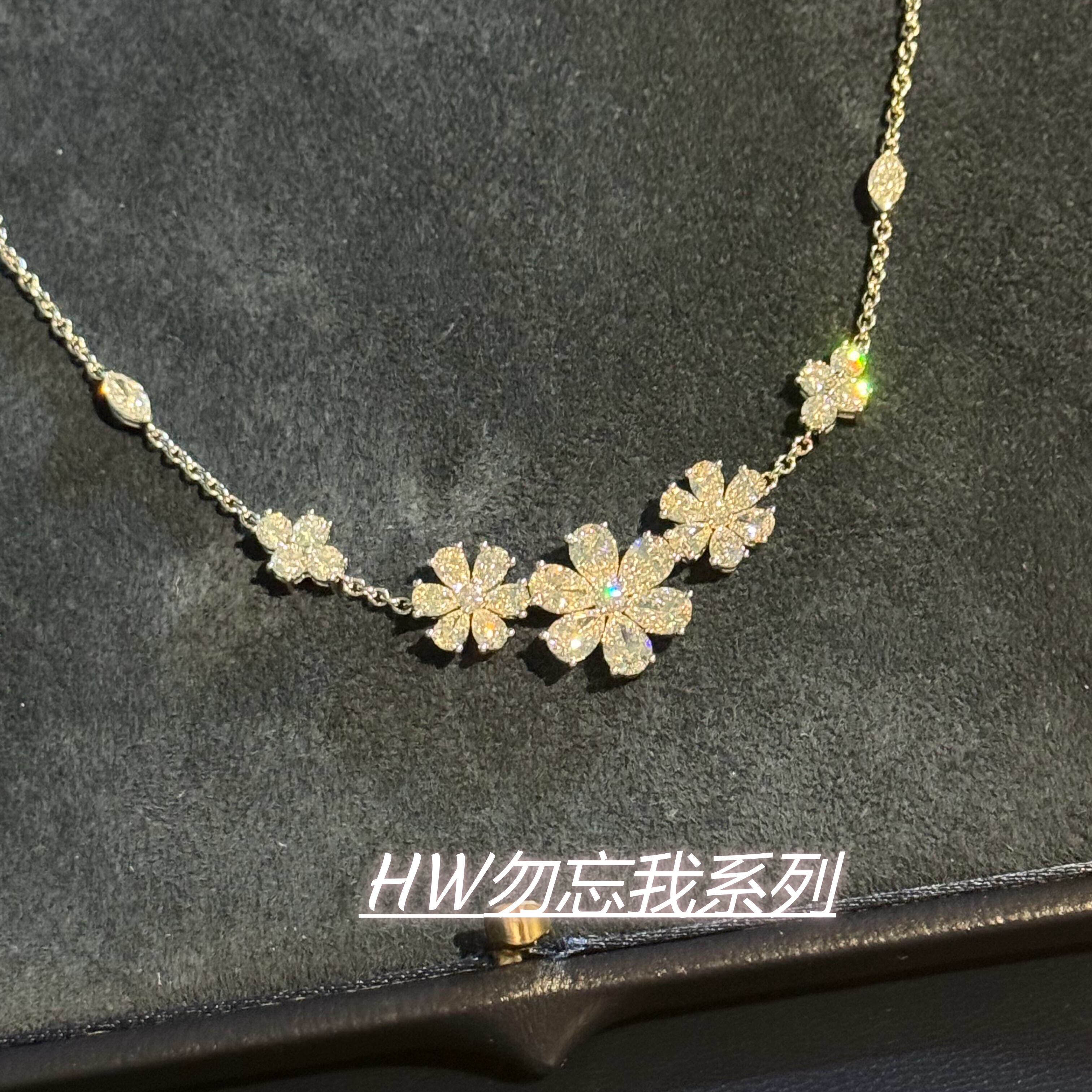 Forget me not勿忘我花朵满钻项链轻奢水滴钻花瓣三朵花锁骨链V金
