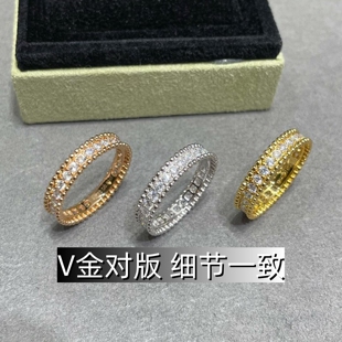 V金高版本窄版珠边满钻排钻戒指镀18k金珠珠指环女款时尚叠戴百搭