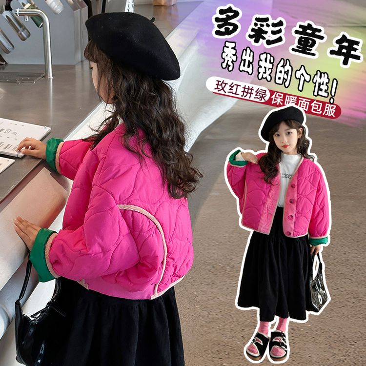艾跳伦思&TT2435款玫红拼绿绗线棉服童装童装