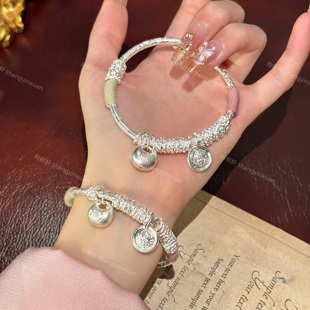 9999纯银手镯盘缠黄财神胖福推拉调节手工银镯子永生花礼盒送女友