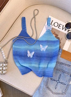 渐变蓝色蝴蝶针织吊带背心女夏外穿甜辣妹短款抹胸上衣多巴胺穿搭