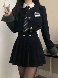 短款西装外套jk制服美式学院风套装女秋冬款高腰显瘦百褶裙两件套