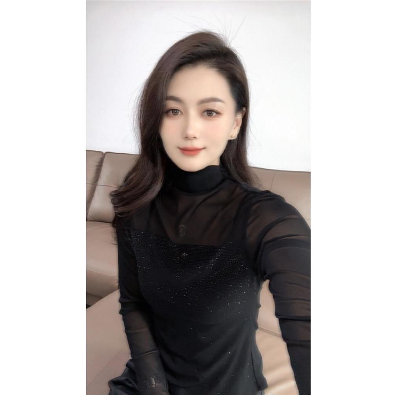 秋冬设计感闪钻半高领网纱打底衫