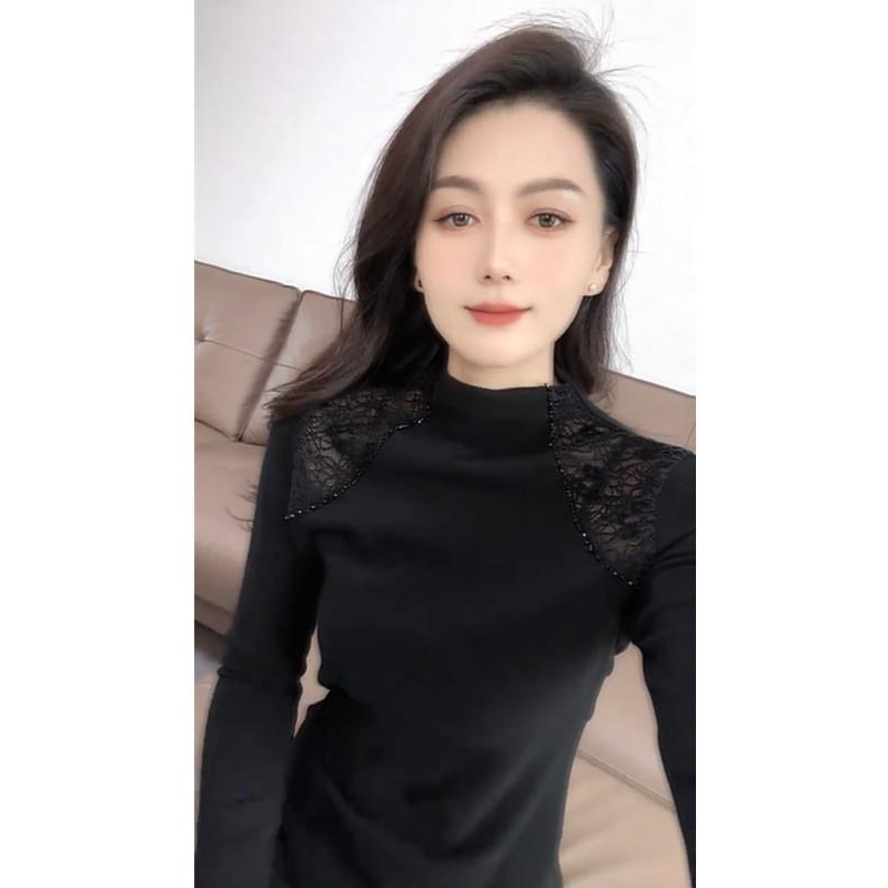 2025秋冬新款气质蕾丝拼接钉钻长袖T恤女磨毛加厚高领打底衫上衣