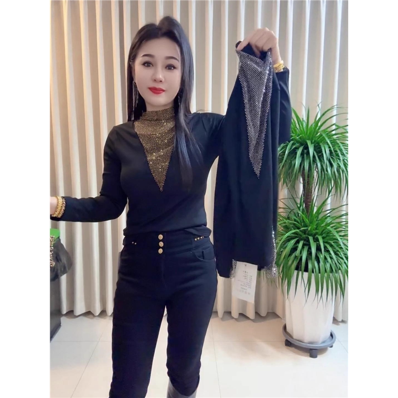 加绒加厚高领打底衫女秋冬欧货内搭长袖t恤高档烫钻保暖网红上衣