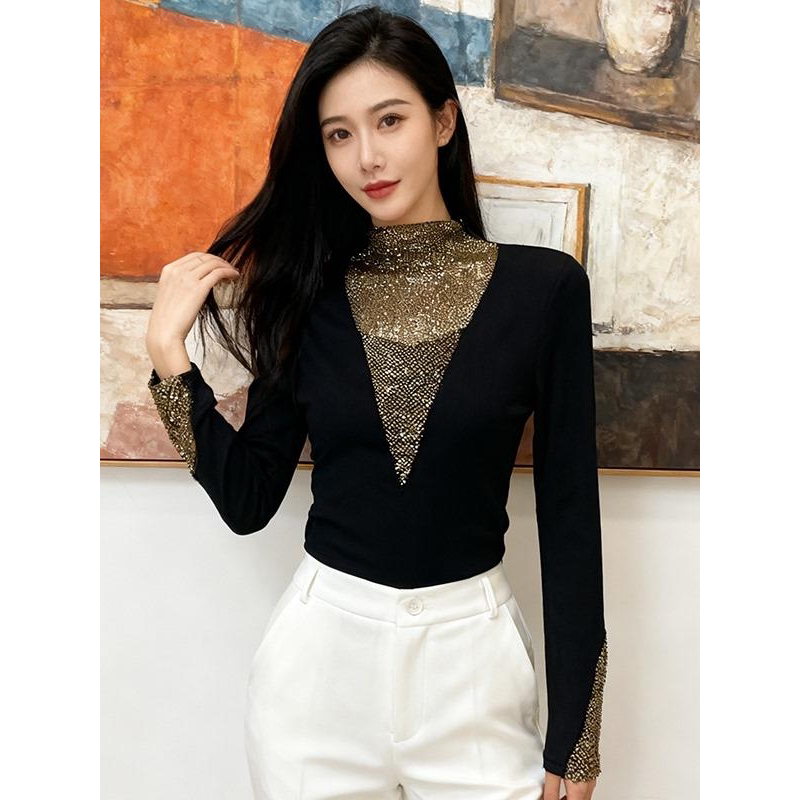 长袖加厚上衣保暖加绒t恤女欧货高档2025新款时尚秋冬钉钻打底衫