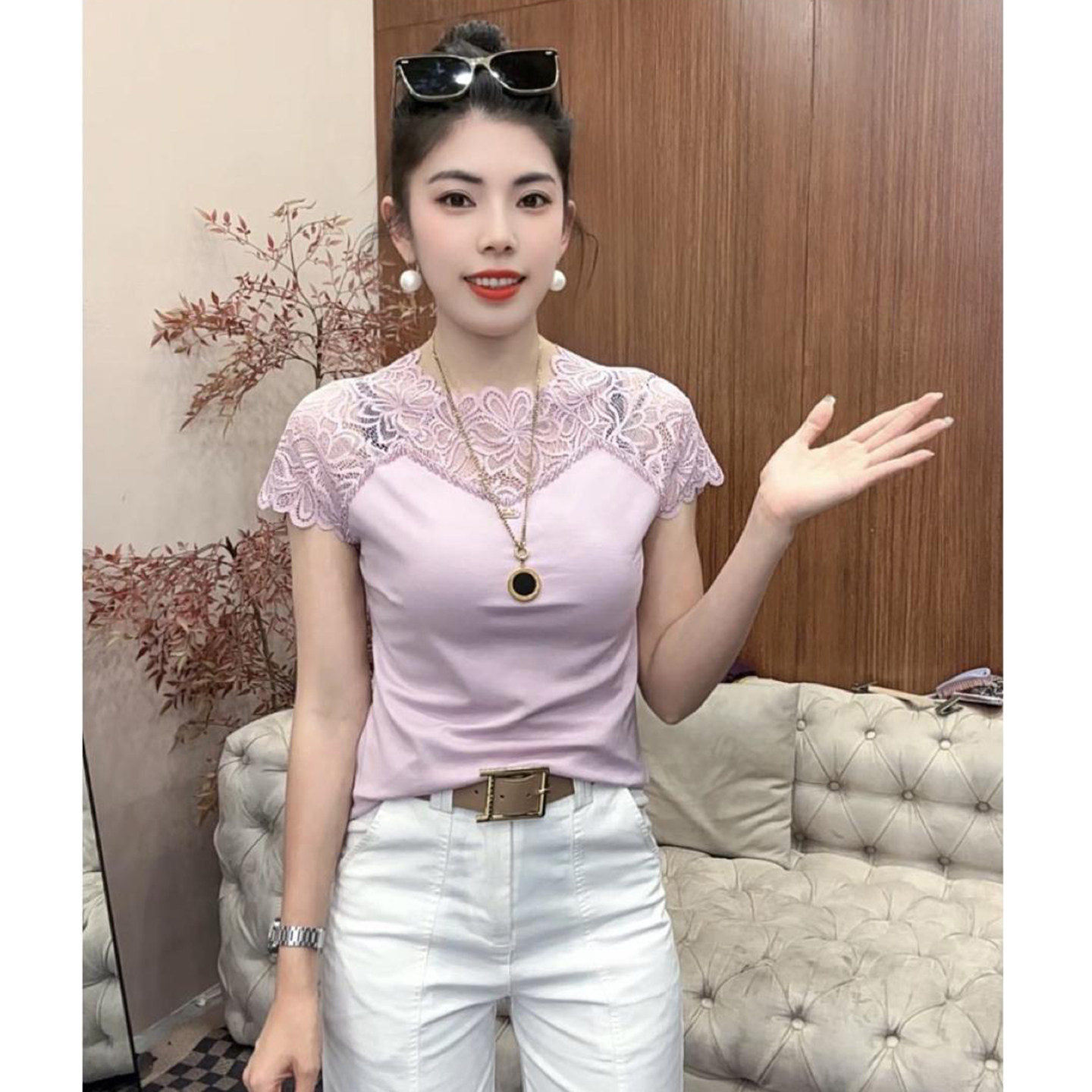 性感透视蕾丝拼接钉钻短袖t恤女
