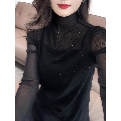 时尚网纱拼接黑色上衣女2025年秋季新款性感微透高领烫钻长袖上衣