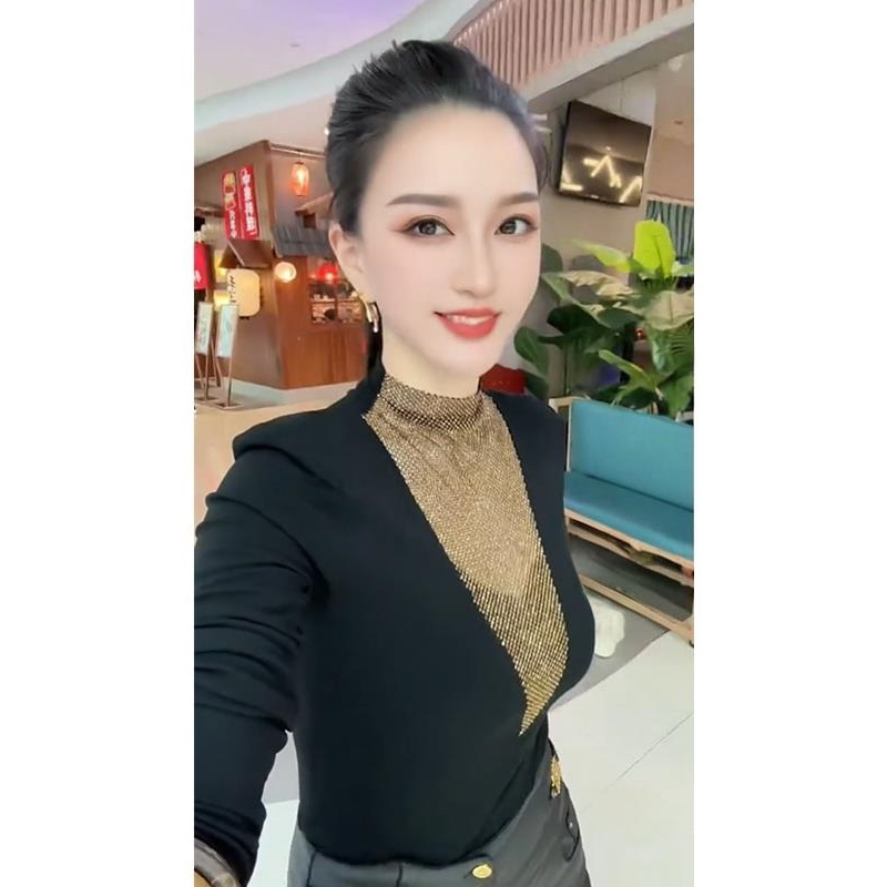 加绒加厚高领打底衫女秋冬重工烫钻网纱拼接上衣修身内搭长袖t恤
