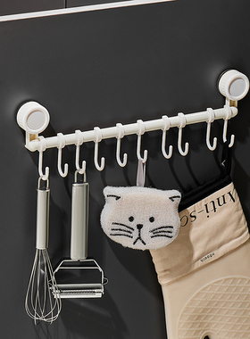 吸盘挂钩一排式橱柜门后滑轨锅铲勺子收纳挂架免打孔厨房连排挂钩