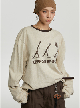 FROMWRTING字由“坚持刷牙”日系趣味牙刷手绘水印彩砂长袖T恤男