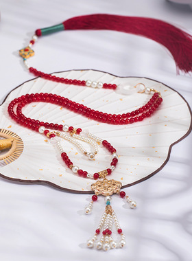 国潮正红背云长璎珞古风汉服项链长款流苏复古珍珠颈饰汉服配饰女