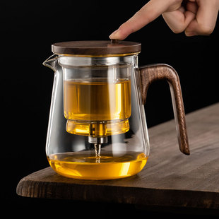 加厚全玻璃泡茶壶茶水分离杯一键过滤胡桃木飘逸杯家用茶具器高档