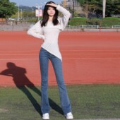 百搭深蓝色高腰微喇牛仔裤 女2025春秋新款 修身 春季 喇叭马蹄裤 子