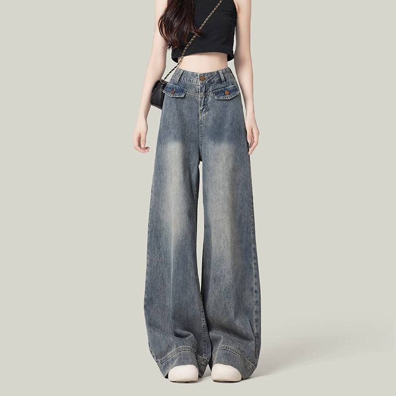 美式复古阔腿牛仔裤女秋冬新款高腰宽松显瘦直筒百搭垂感拖地裤子