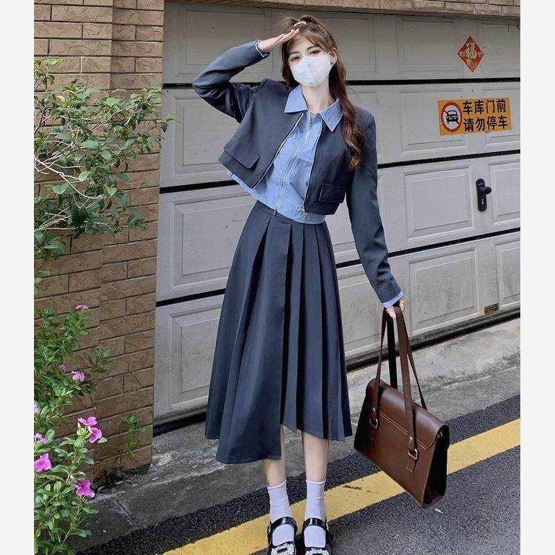 大码胖MM短款西装套装女秋新款长袖衬衫西服收腰百褶半身裙三件套