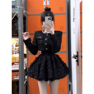 富家千金小香风套装女秋冬高级感气质名媛短外套蓬蓬连衣裙