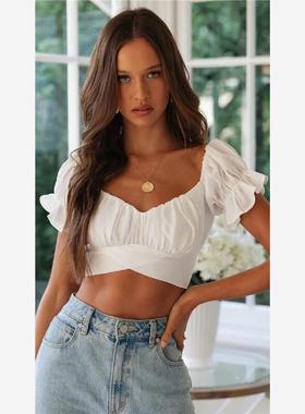 Blouse Women Summer Off Shoulde Tops Crop Top Bow Tied Beach