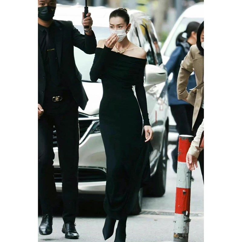 instunning 一字肩连衣裙女秋冬高级感性感气质晚会礼服黑色长裙
