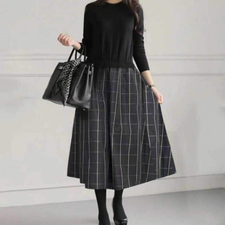 跨境秋冬季复古气质毛衣格纹拼接连衣裙女大版设计感假两件长裙潮