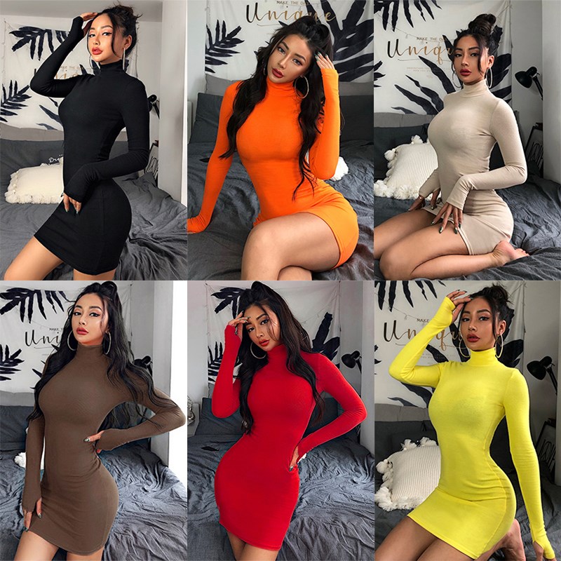 欧美紧身针织连衣裙女2022秋冬新款修身显瘦纯色高领长袖包臀短裙