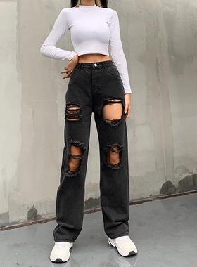Womens Pants Black Denim Trousers Ripped Jeans Y2k Baggy 2XL