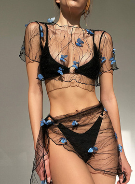 Mesh Butterfly Beach Holiday Two Piece Set Crop Top And Skir