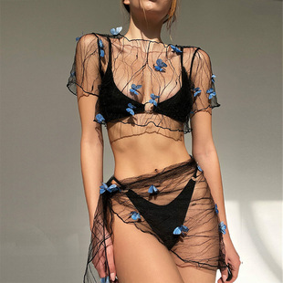 Piece Top Holiday Mesh Two Skir Crop Beach Butterfly Set And