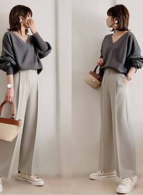 亚马逊跨境日系2024秋季新款V领卫衣宽松休闲上衣+灰色长裤两件套