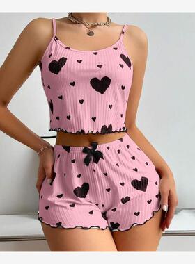 外贸性感吊带短裤家居服睡衣2套装女 homewear pajama set women