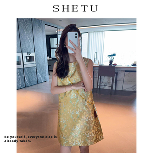 新中式复古禅意黄色无袖提花连衣裙女夏季新款国风圆领背心裙