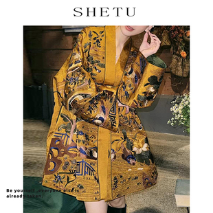 新中式复古黄色金满园宋锦外套秋冬新款重工刺绣宽松国风汉服上衣