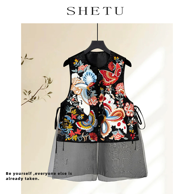 新中式复古禅意黑色刺绣马甲女