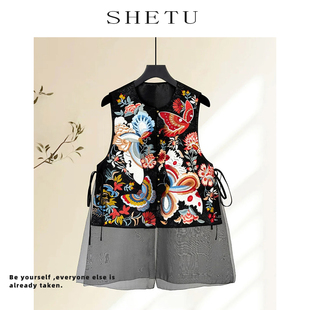 高级感超好看国风唐装 新款 上衣 复古禅意黑色刺绣马甲女夏季 新中式