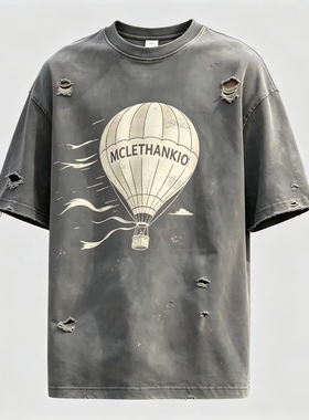 MCLETHANKIO 原创洗水做旧破洞设计感男女短袖印花T恤夏