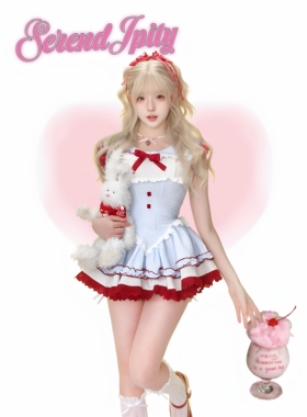 少女椰子【甜品系】樱桃丸子 夏季蓝色格纹连衣裙女+白色泡泡短裤