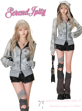 少女椰子雾野喵 春季套装女豹纹短裤+灰色连帽卫衣开衫外套两件套