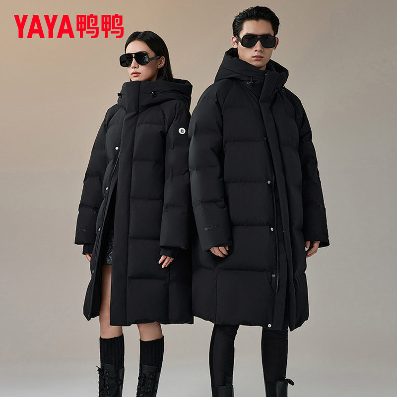 鸭鸭连帽中长款过膝黑标鹅羽绒服