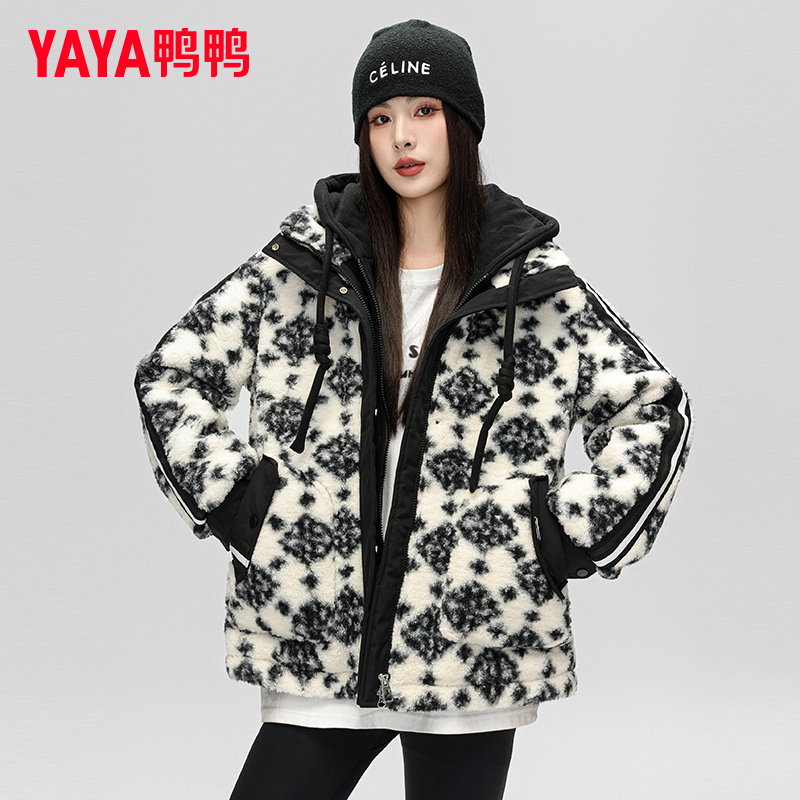 鸭鸭官方旗舰店印花羊羔毛羽绒服女中长款2023冬季新品冬装外套XB