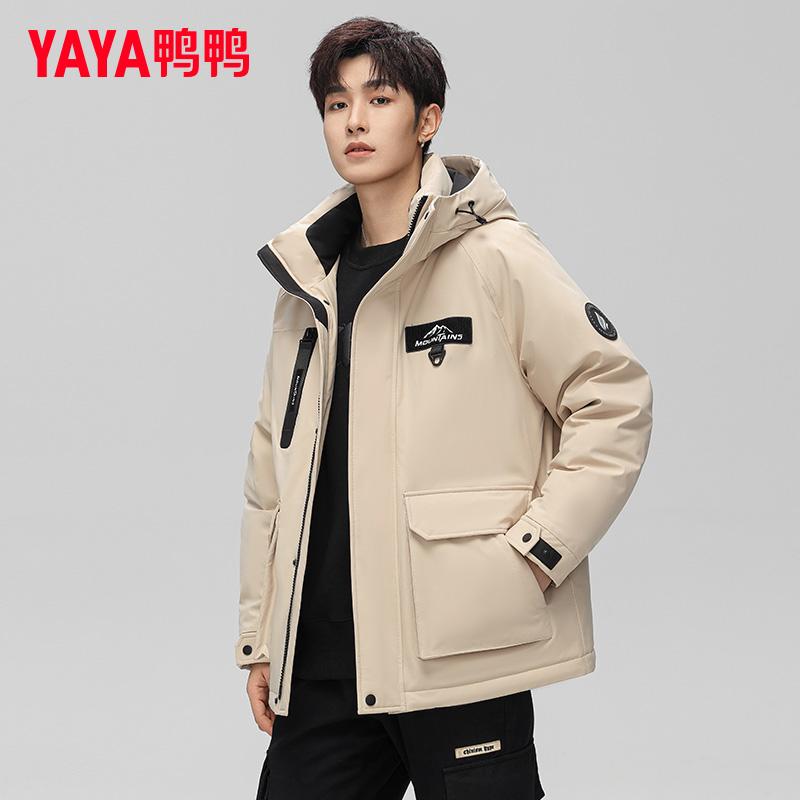 鸭鸭连帽短款工装羽绒服